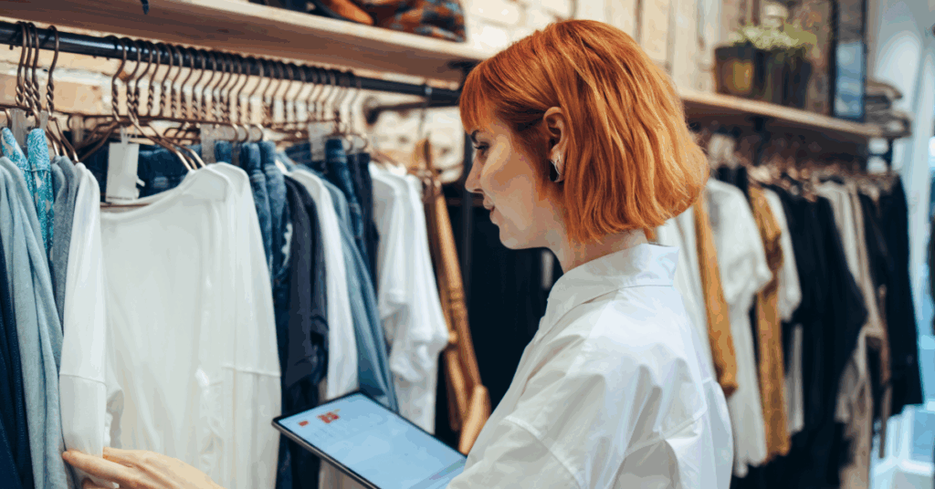 Retail employee using a tablet while reviewing clothing inventory on display racks in an apparel
store