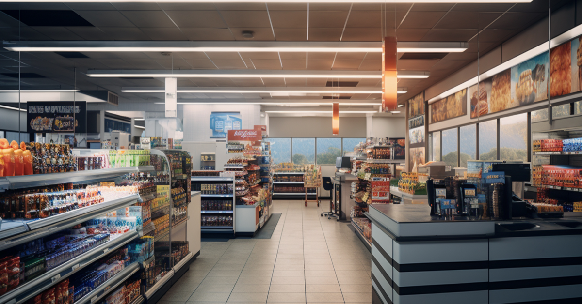 Convenience store interior with stocked shelves, refrigerated displays, and checkout counter in a
brightly lit retail space.