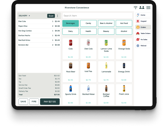 Touchscreen point-of-sale interface displaying fast food menu categories, item selection grid, order summary panel, payment controls, and checkout options