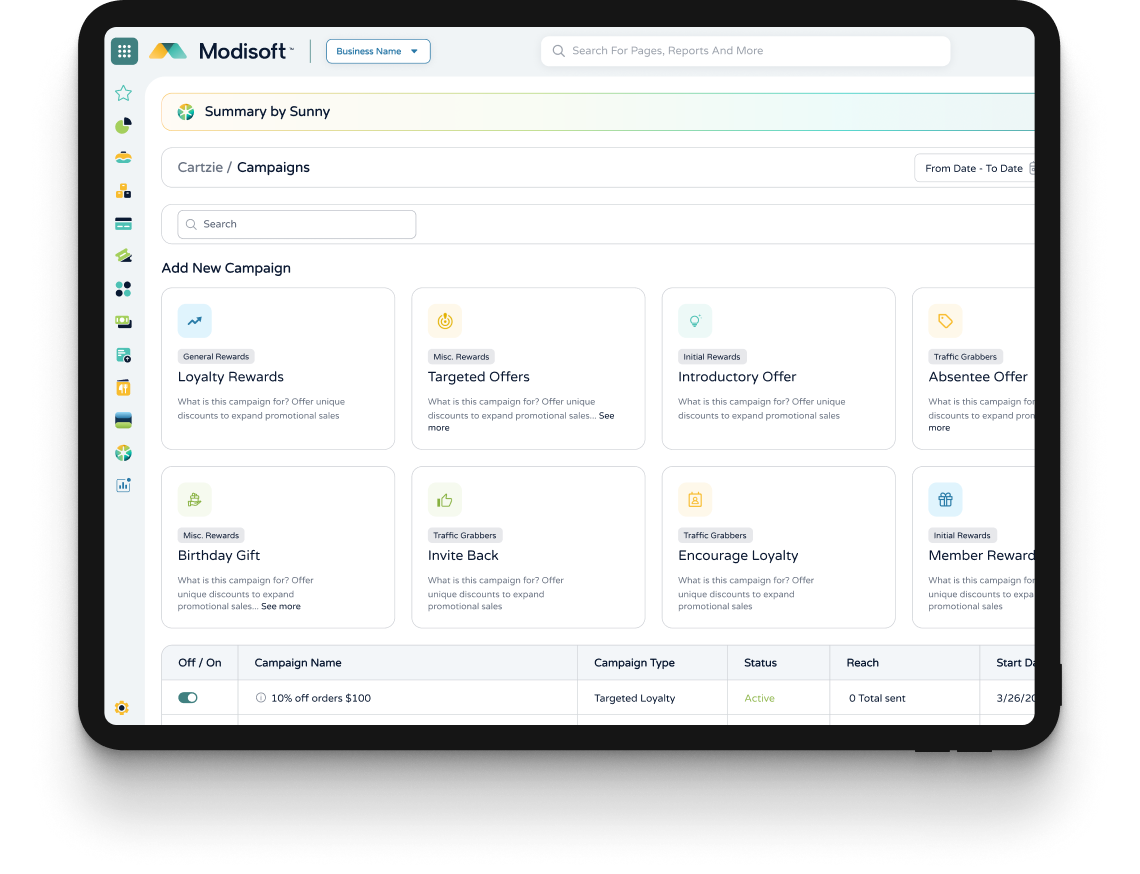 Tablet displaying a campaign management dashboard with configurable loyalty rewards, targeted offers, promotional incentives, and customer engagement programs