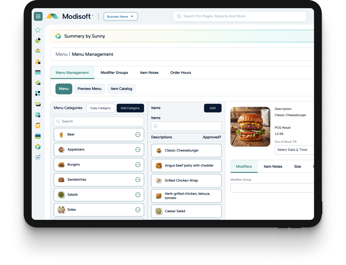 Menu management dashboard with category lists, product cards, pastry image preview, navigation tabs, and item details panel.