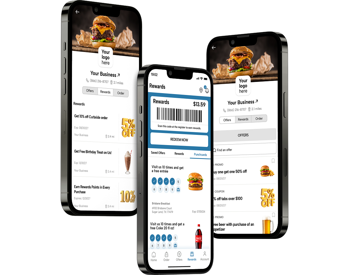 Three smartphones displaying a branded loyalty app with digital offers, rewards tracking, punch card progress, and redeemable customer incentives.
