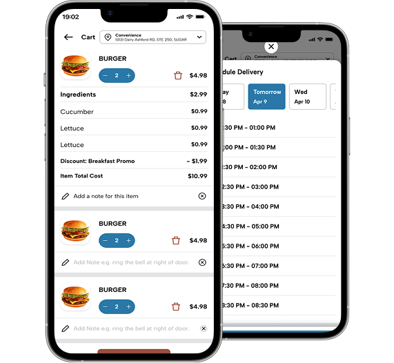 Two smartphones displaying a food ordering app with shopping cart details, item customization options, quantity controls, and scheduled delivery time selection.