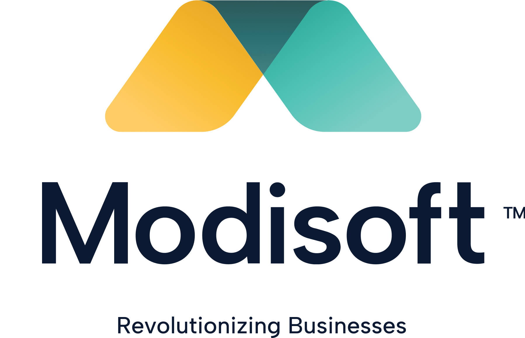 Modisoft logo featuring yellow and teal geometric icon above the company name with the tagline "Revolutionizing Business" on a white background.