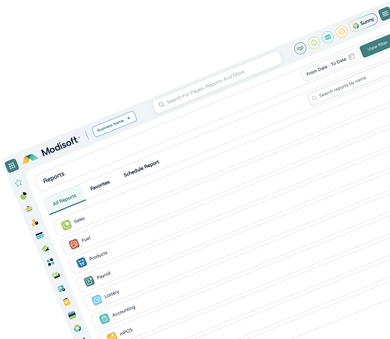 Reports Center interface displaying centralized reporting tools, organized report categories, searchable records, and business analytics resources in one location.