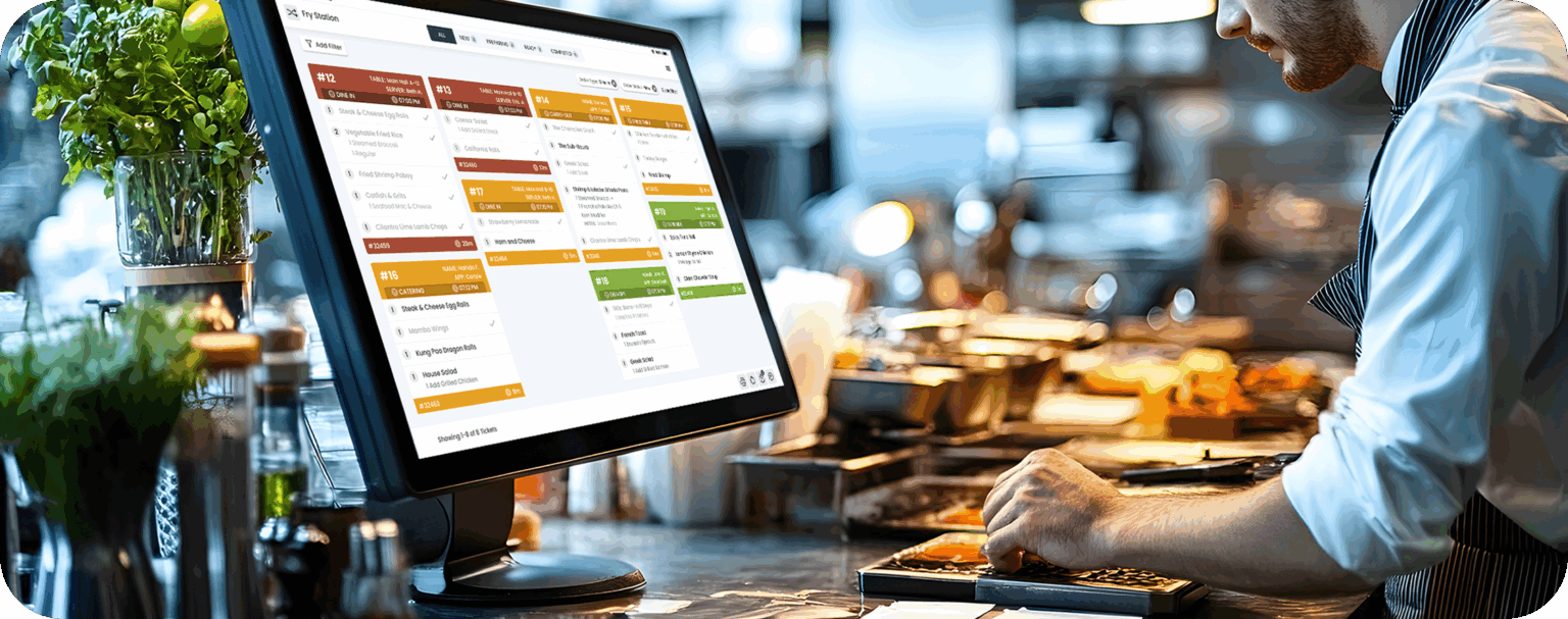 Kitchen display system showing categorized food orders and preparation statuses beside a cooking station in a restaurant.