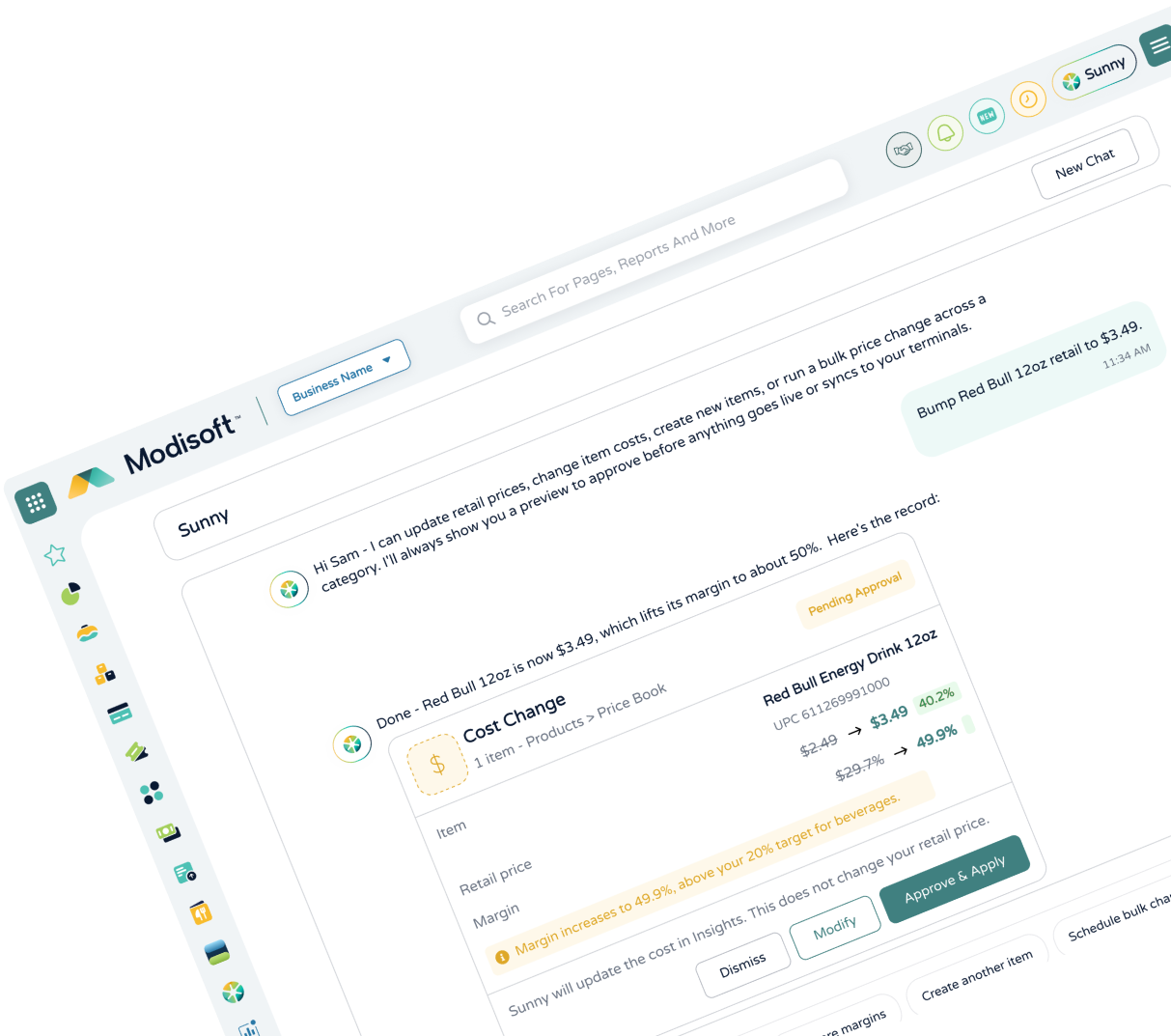 Sunny AI assistant interface displaying automated task management, business recommendations, conversation tools, and collaborative workflows within a modern dashboard.