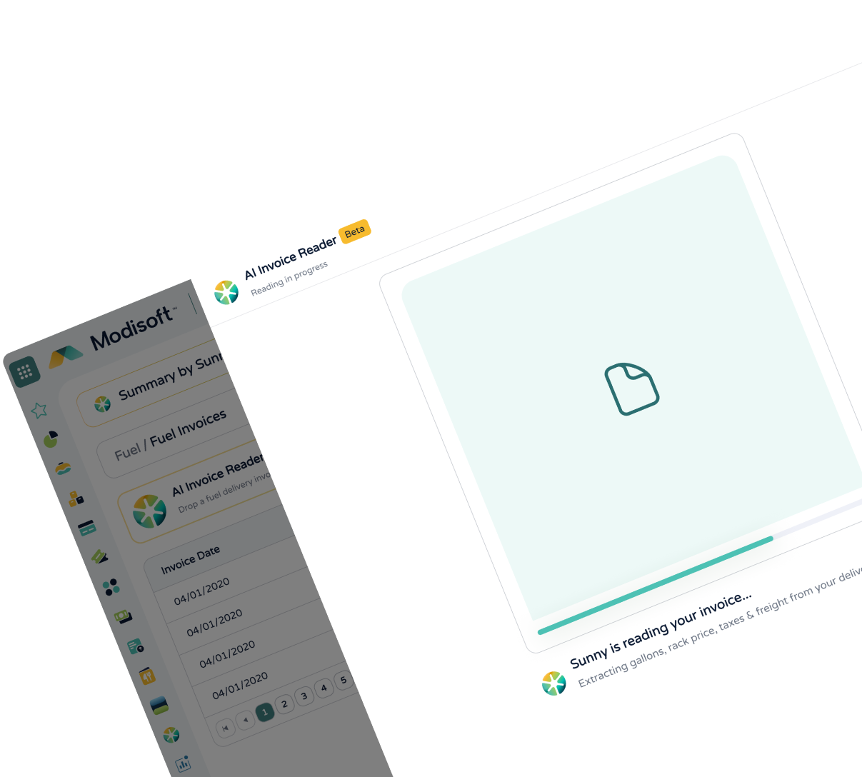 AI Document Reader interface processing invoices and business documents, extracting structured data automatically through a centralized document management dashboard.