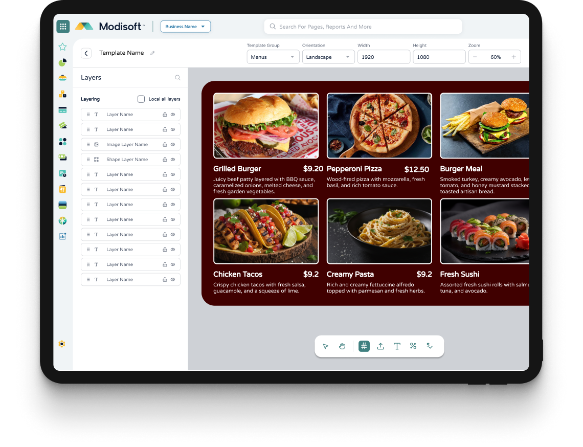 Digital menu board editor displaying menu templates, food item images, pricing layouts, and content customization tools for digital displays.