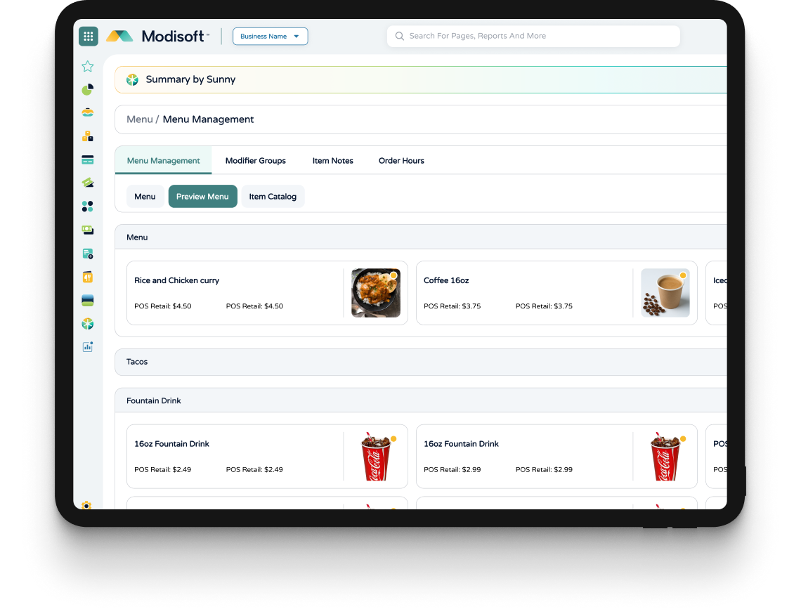Online menu management dashboard displaying menu items, menu categories, online descriptions, pricing, and ordering configuration settings.