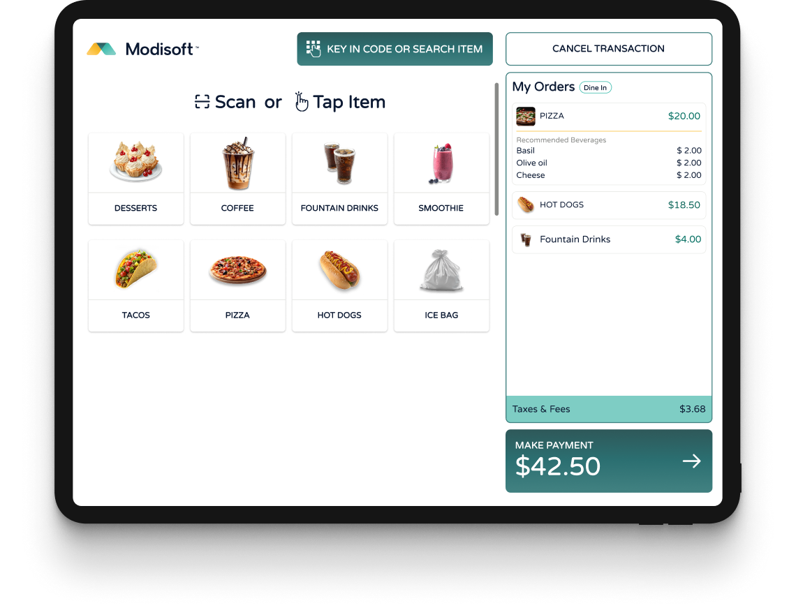 Self-service ordering screen displaying menu categories, item selection options, customer order details, taxes, fees, and payment total.