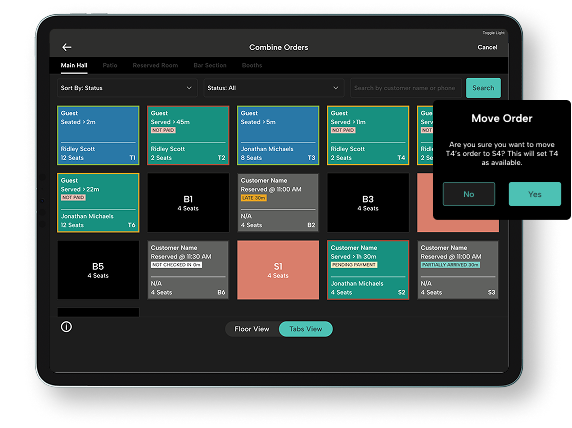 Table management dashboard displaying guest seating, table assignments, order status, and floor plan views for fast food operations.