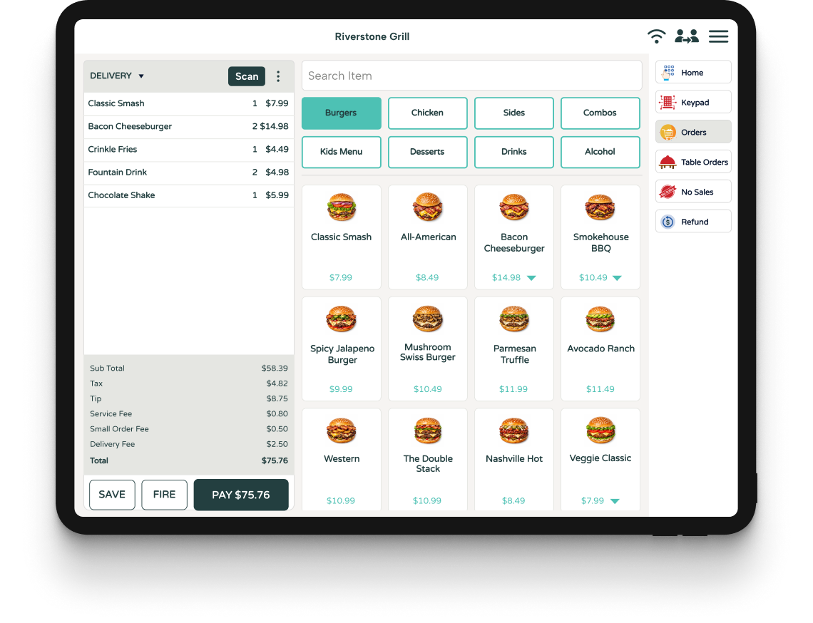 Food truck POS ordering screen displaying menu categories, burger menu items, order details, delivery information, and payment totals.