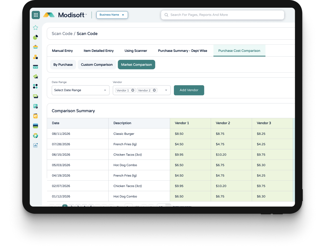 Purchase cost comparison dashboard displaying vendor pricing comparisons, product costs, market comparisons, and purchasing analysis data.