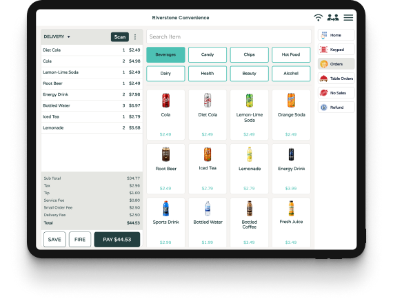 Digital ordering screen displaying food and beverage menu categories, product images, order details, and payment options for customer self-service ordering.