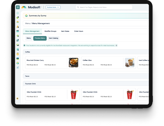 Menu management dashboard displaying menu categories, food items, product images, pricing information, modifier groups, and online menu configuration settings.