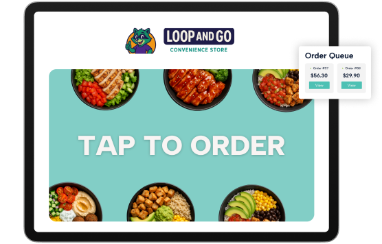 Self-service kiosk displaying a tap-to-order interface, menu categories, and active customer order queue notifications.