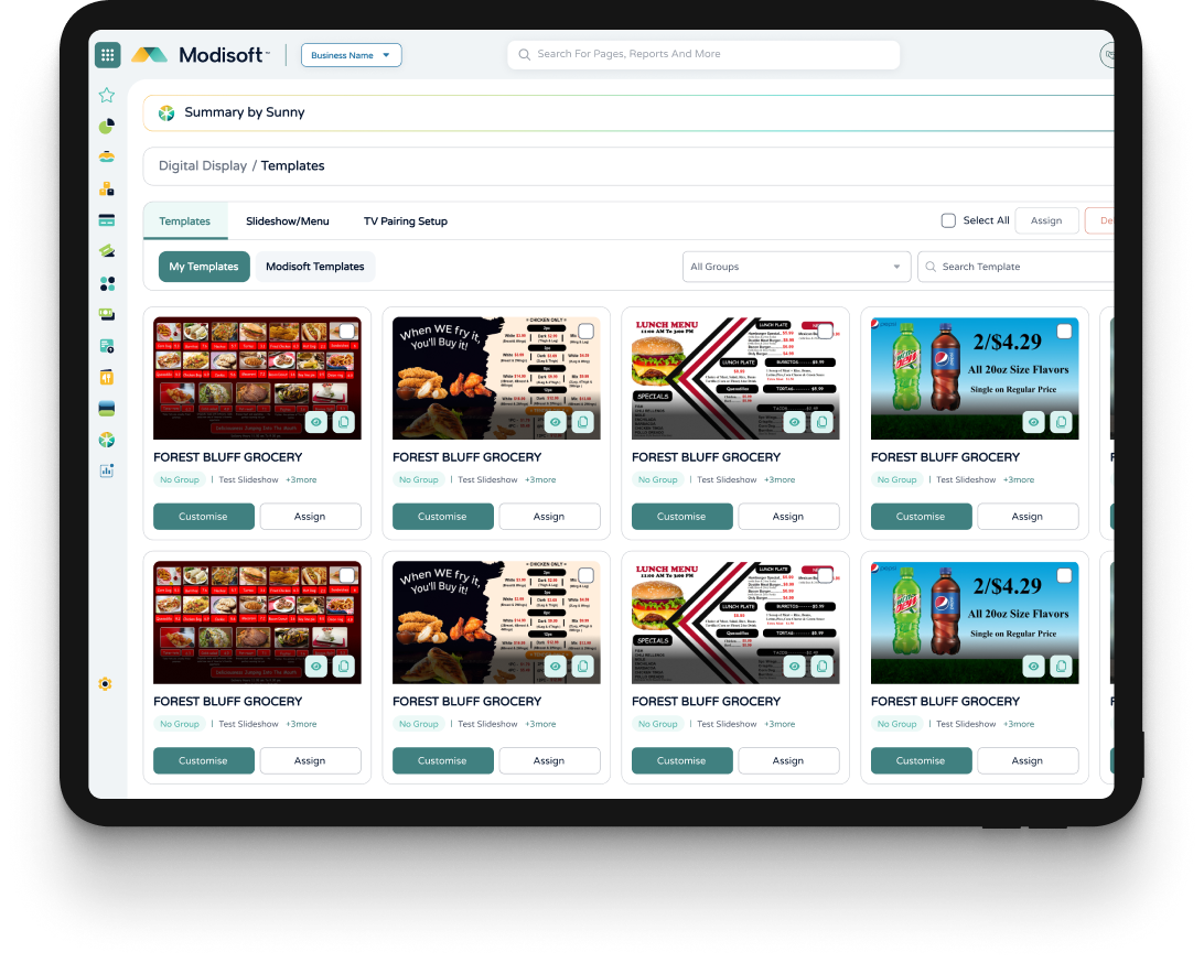 Modisoft back office dashboard showing a library of digital signage templates that can be customized and assigned across multiple store locations