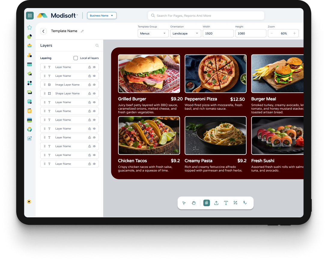Modisoft back office interface showing a drag-and-drop digital menu board editor with layers panel for customizing restaurant menu displays and pricing.
