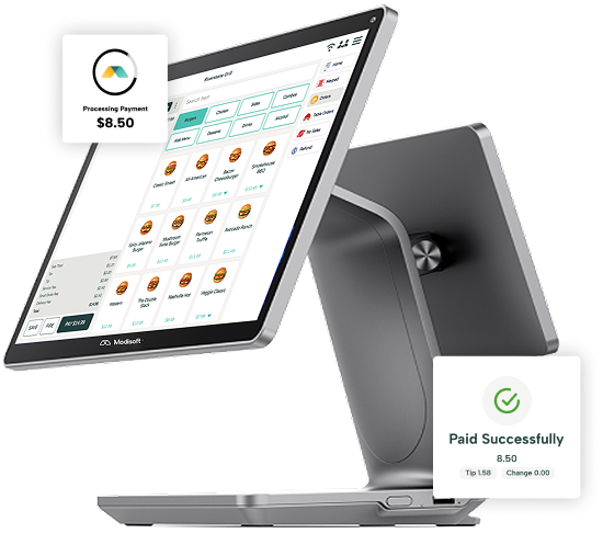 Modisoft restaurant POS counter station displaying a touchscreen point of sale interface with payment processing and successful transaction notifications.