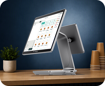 Modisoft M26 Counter Station displaying a touchscreen point of sale interface on a countertop.