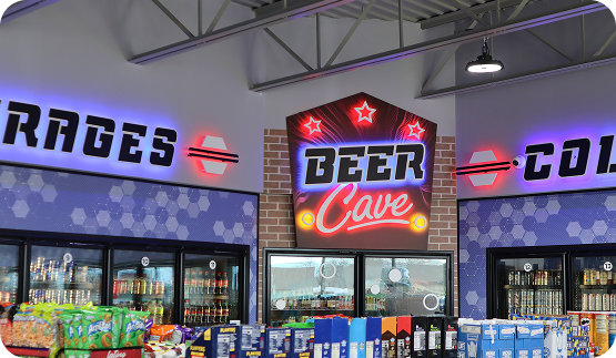 Convenience store beer cave and drinks coolers