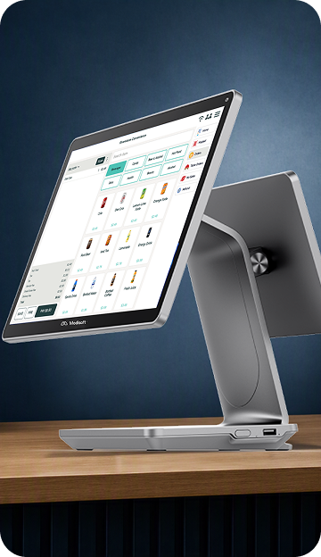 Retail POS counter station displaying a touchscreen point of sale interface on a countertop with product categories and checkout controls.