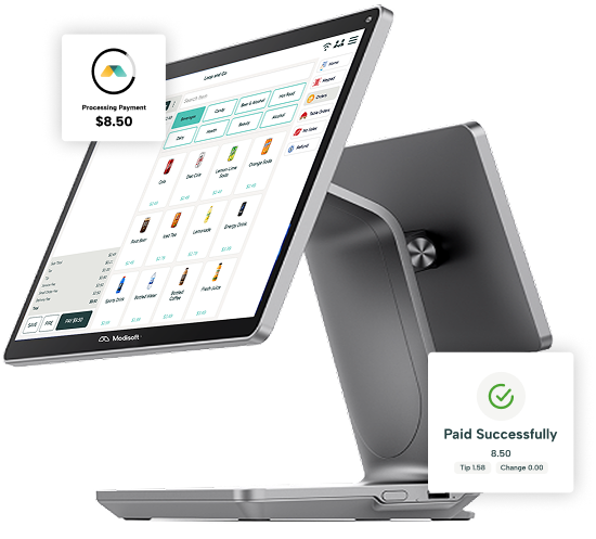 Retail POS counter station displaying a touchscreen point of sale interface with payment processing and transaction confirmation notifications.