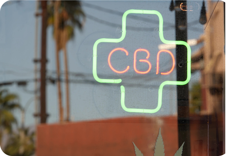 Neon CBD storefront sign displayed in a smoke shop window with product displays and retail signage visible in the background.