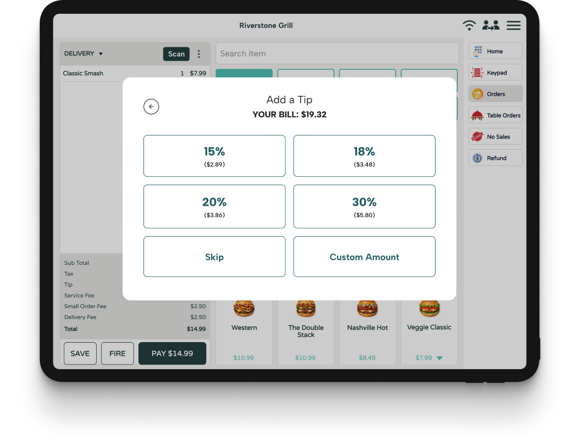POS tip selection screen displaying percentage-based tipping options, custom tip entry, bill total, and payment controls during checkout.