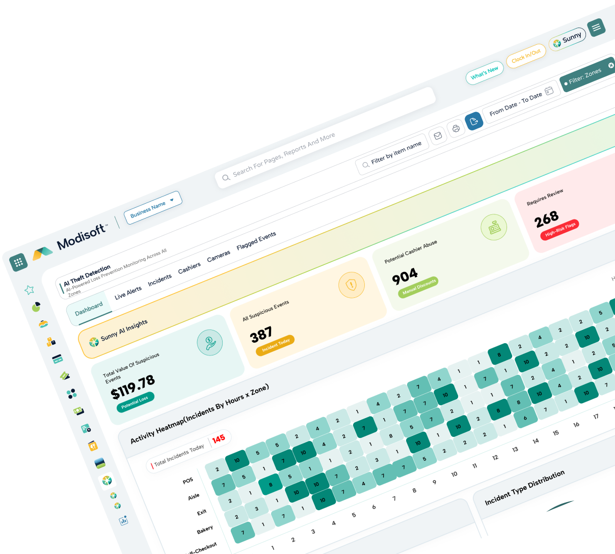 Theft Detection dashboard displaying risk alerts, loss prevention metrics, transaction monitoring, and operational anomaly tracking through visual analytics.