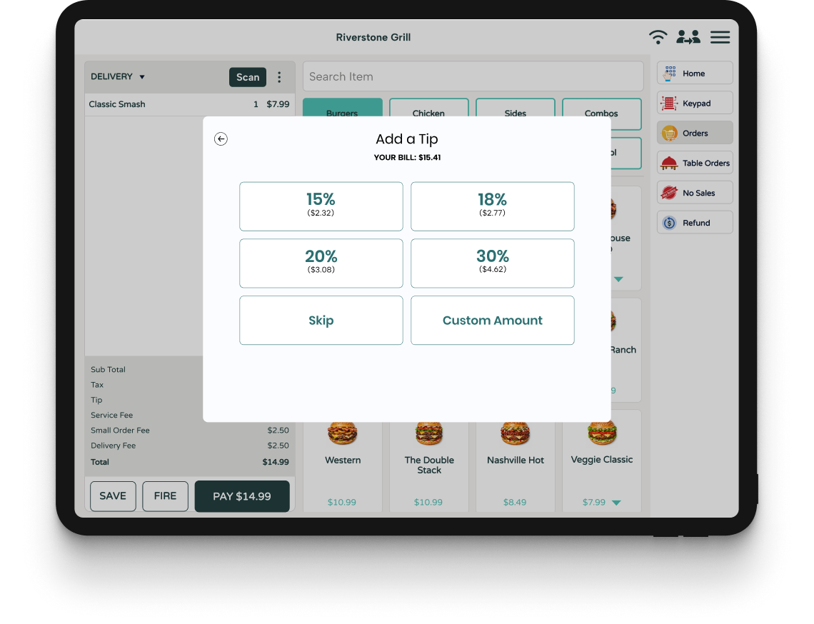 POS tip selection screen displaying percentage-based tipping options, custom tip entry, bill total, and payment controls during checkout.